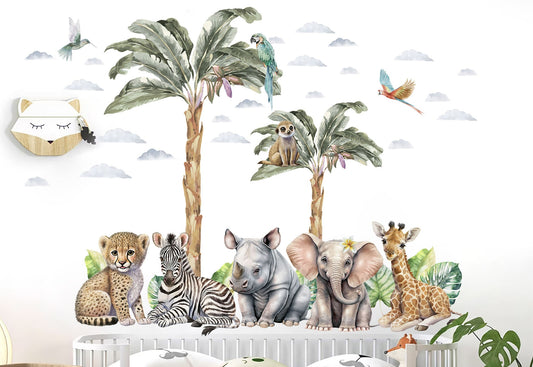 Baby Safari Animals Surrounded by Palm Leaves Wall Decal - Zebra, Giraffe, Elephant, Hippo, Lion - BR356
