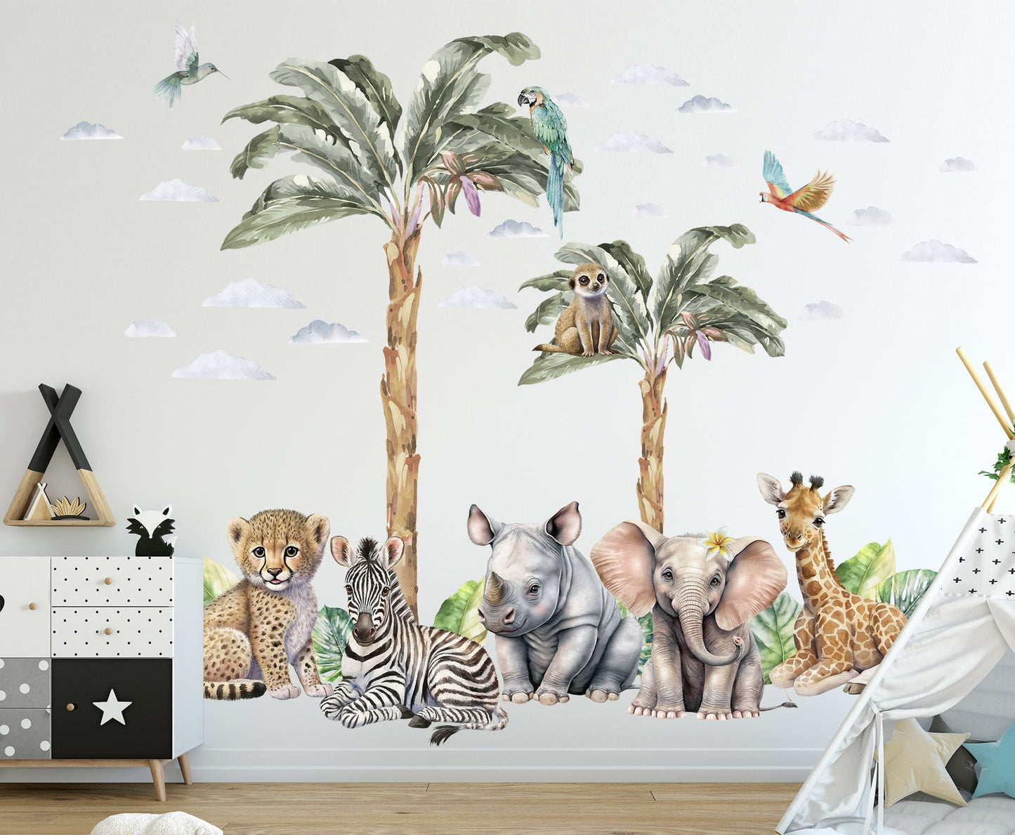 Baby Safari Animals Surrounded by Palm Leaves Wall Decal - Zebra, Giraffe, Elephant, Hippo, Lion - BR356