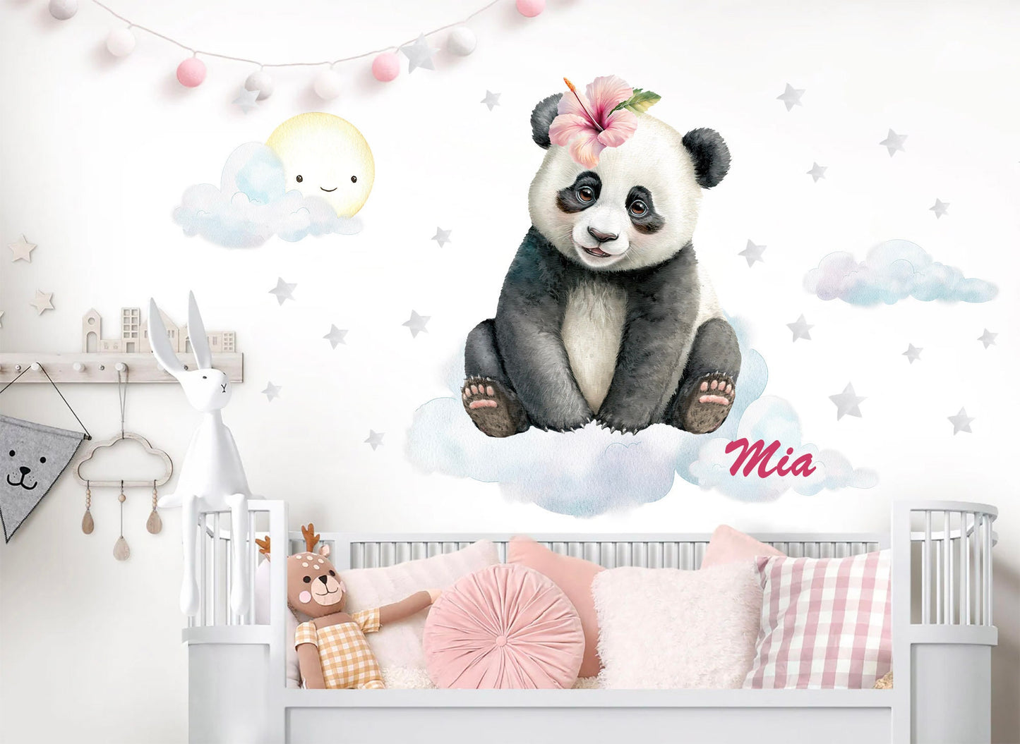 Customizable Name Panda Baby Wall Decal - Panda with Flower Crown Sitting on Clouds - BR359