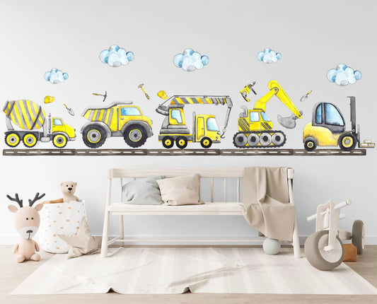 Yellow Construction Vehicles Driving Roadway Removable Wall Decal - Boys Room Gift - BR345