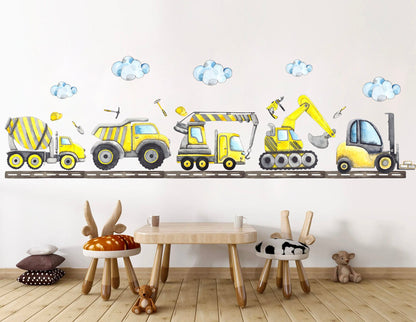 Yellow Construction Vehicles Driving Roadway Removable Wall Decal - Boys Room Gift - BR345