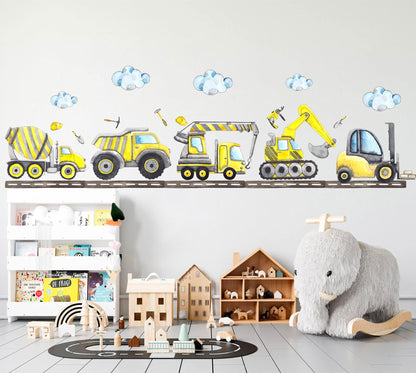 Yellow Construction Vehicles Driving Roadway Removable Wall Decal - Boys Room Gift - BR345