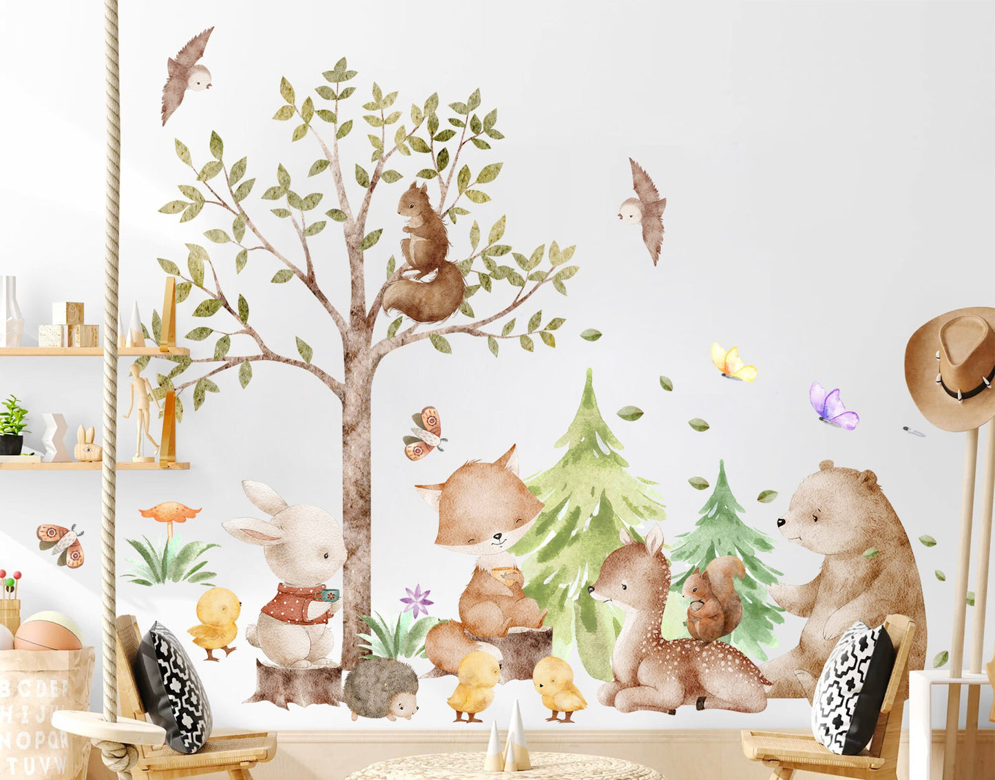 Forest Friends Cartoon Wall Decal - Bunny Squirrel Fox Deer Bear Chick - BR375L