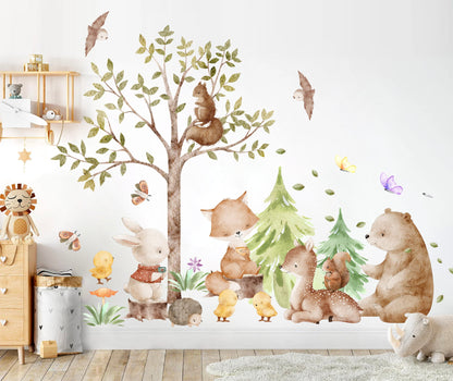 Forest Friends Cartoon Wall Decal - Bunny Squirrel Fox Deer Bear Chick - BR375L