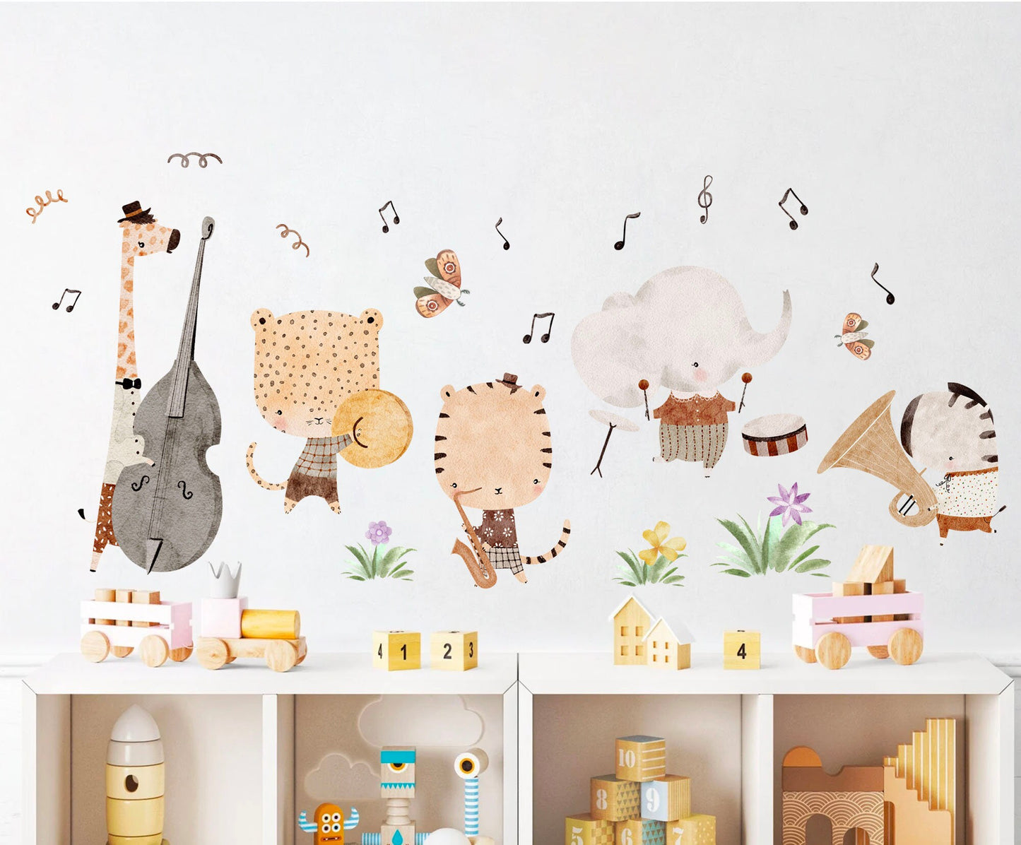 Animal Orchestra Grassland Wall Decal - Giraffe Playing Cello, Elephant Drummer and more - BR376