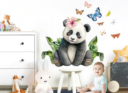 Floral Crown Panda Jungle Wall Decal - Adorable Butterfly Decor - BR357