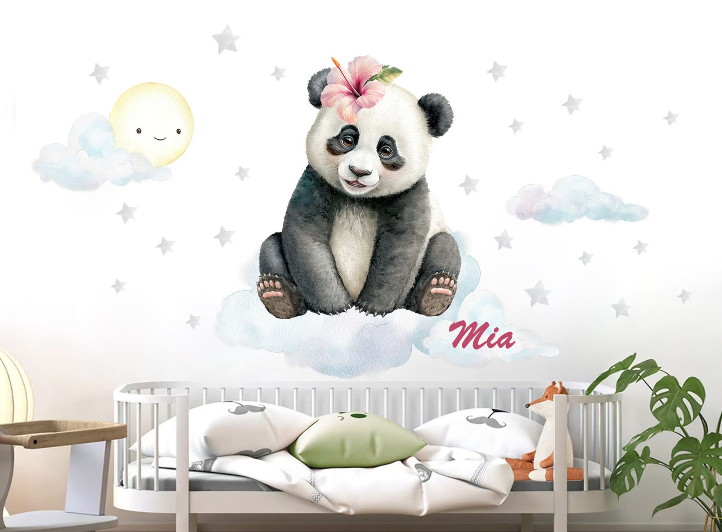 Customizable Name Panda Baby Wall Decal - Panda with Flower Crown Sitting on Clouds - BR359