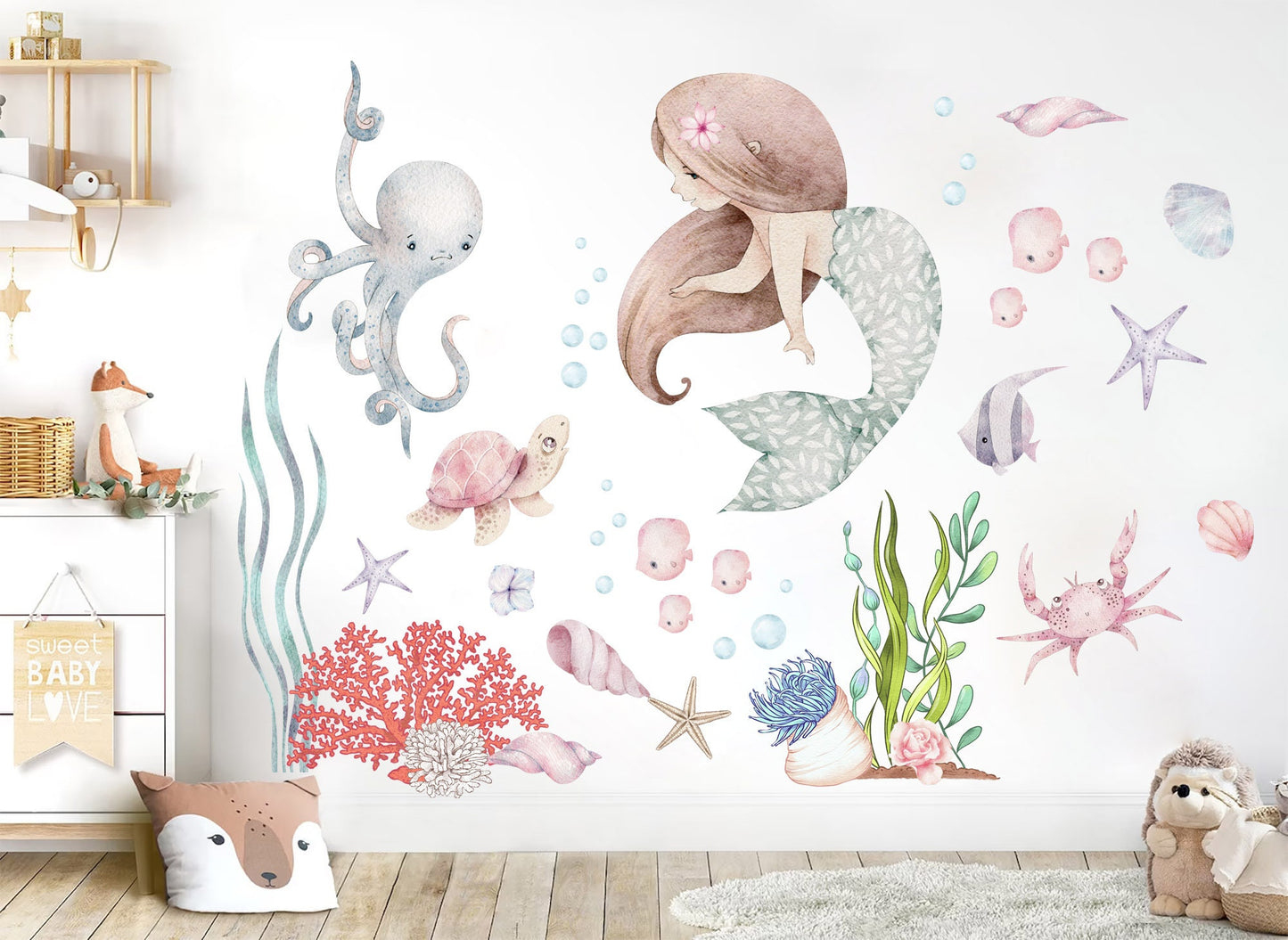 Undersea Mermaid Wall Decals - Playful Watercolor Ocean Nursery Decor - BR363