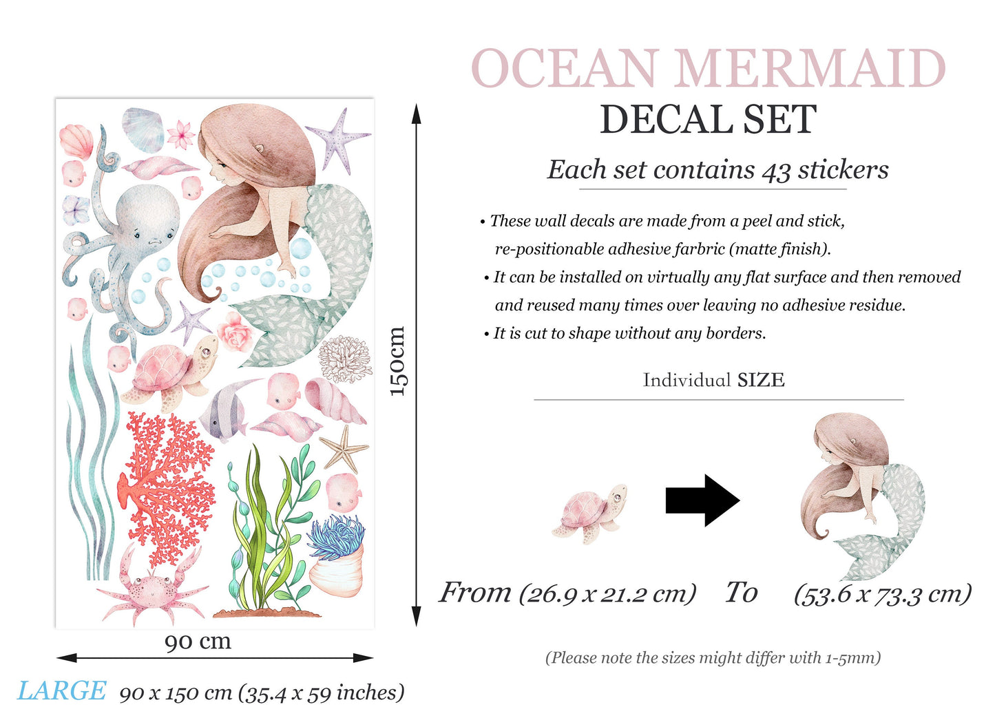 Undersea Mermaid Wall Decals - Playful Watercolor Ocean Nursery Decor - BR363