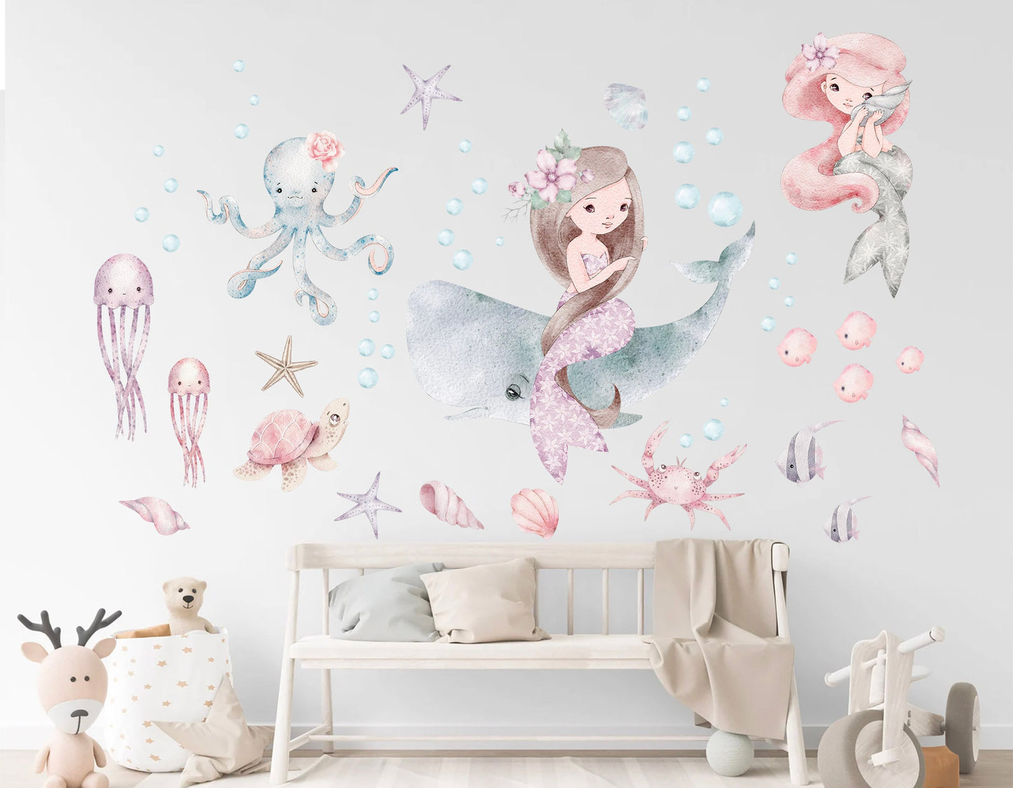 Mermaid Undersea Adventure Watercolor Wall Decal - Girls' Room Decor - BR364