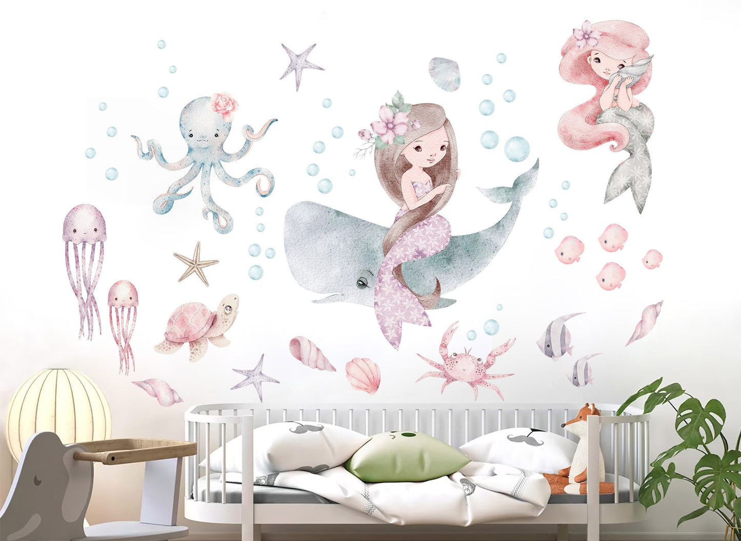 Mermaid Undersea Adventure Watercolor Wall Decal - Girls' Room Decor - BR364