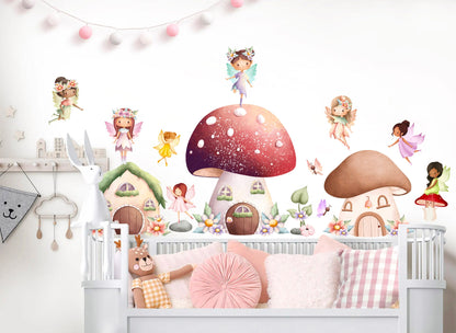 Enchanting Fairy Blossom Wall Decals Set- Tree Mushroom House - Removable Peel and Stick - BR379