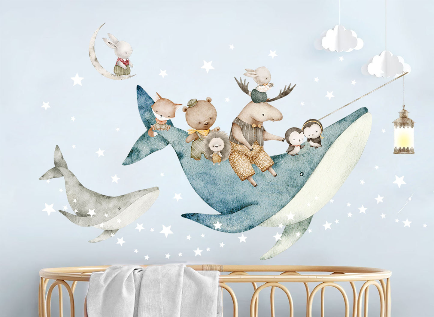 Undersea Wonderland Wall Decal - Forest Animals Flying Explore with Whales - Nursery Decor - BR371