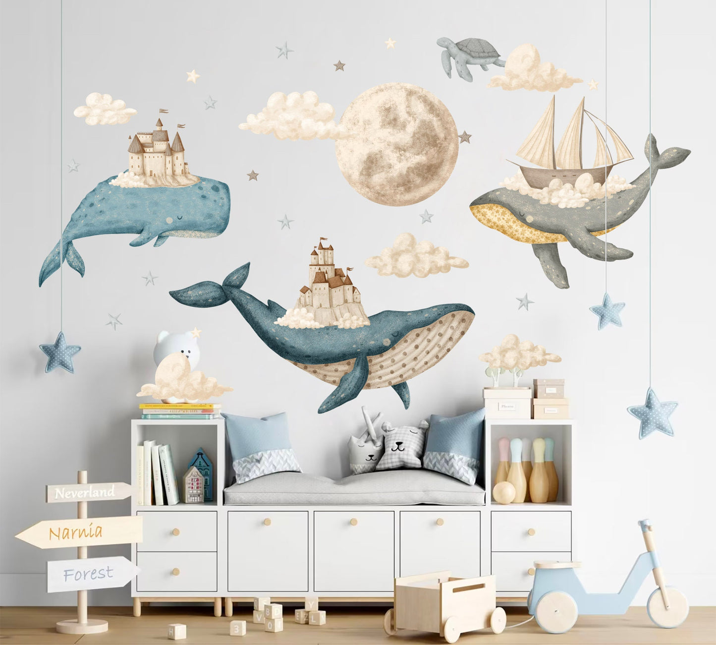 Whimsical Whale Sky Castle Wall Decal - Watercolor Moon Room Decor - BR385