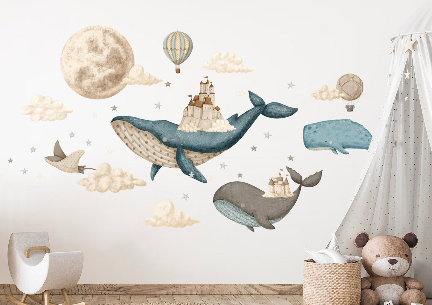 Castle on Whale Sky City Wall Decal - Dreamy Watercolor Kids Room Decor - BR386