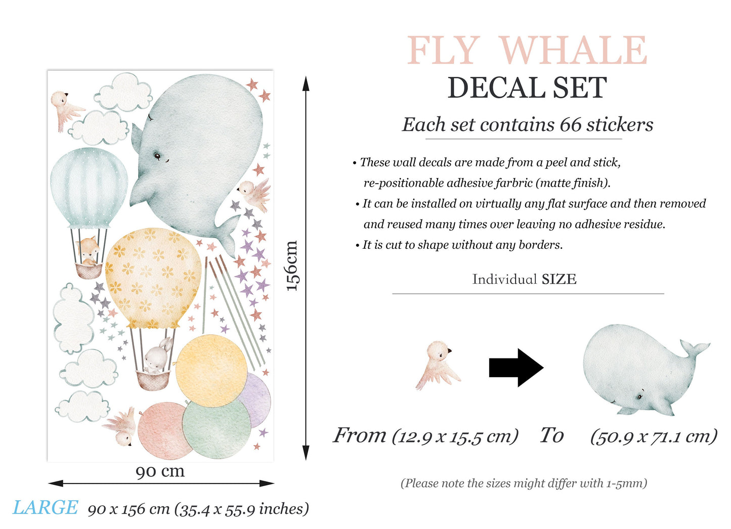 Watercolor Whale Baby Flying with Balloons Sky Adventure Removable Nursery Wall Decal - BR377
