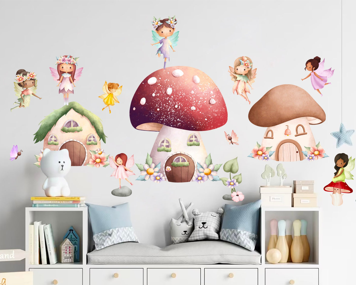 Enchanting Fairy Blossom Wall Decals Set- Tree Mushroom House - Removable Peel and Stick - BR379
