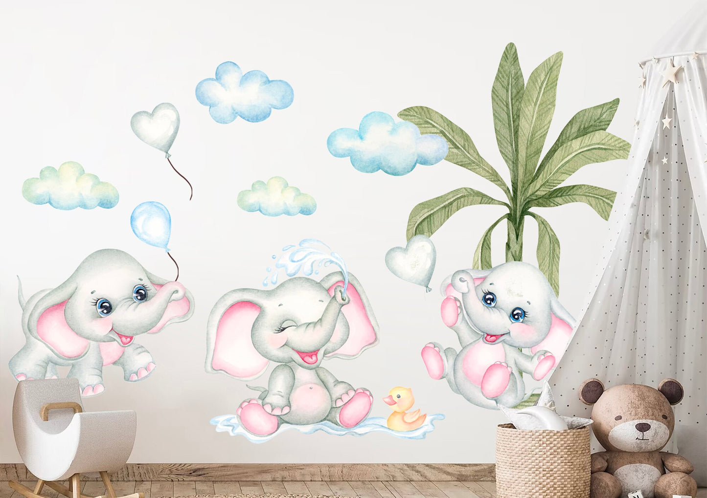Baby Elephants Playing with Balloons and Water under Coconut Tree Removable Nursery Wall Decal - BR393