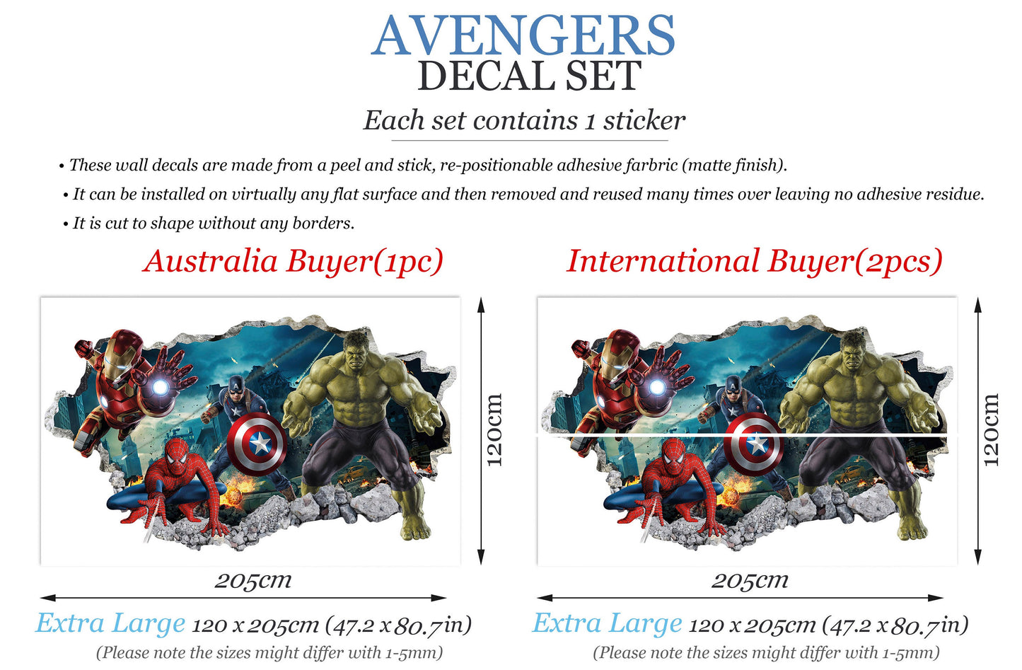 Avengers Hulk Spiderman Iron Man Captain America Superheroes coming out 3D Smashed Wall Decal - BR157