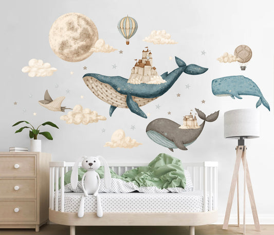 Castle on Whale Sky City Wall Decal - Dreamy Watercolor Kids Room Decor - BR386