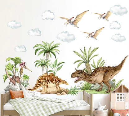 Jurassic Dinosaur T-Rex Triceratops Brachiosaurus Trees Rocks Clouds Wall Decal - BR399