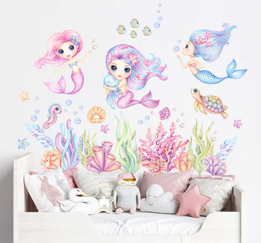 Mermaids Underwater Adventure Wall Decal - Seashells Coral Seahorse Turtle Jellyfish - Removable Peel and Stick - BR390
