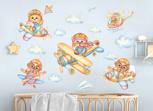 Flying Squirrels in Aviator Helmets Sky Adventure Wall Decal - Airplane Helicopter Sky World - BR391