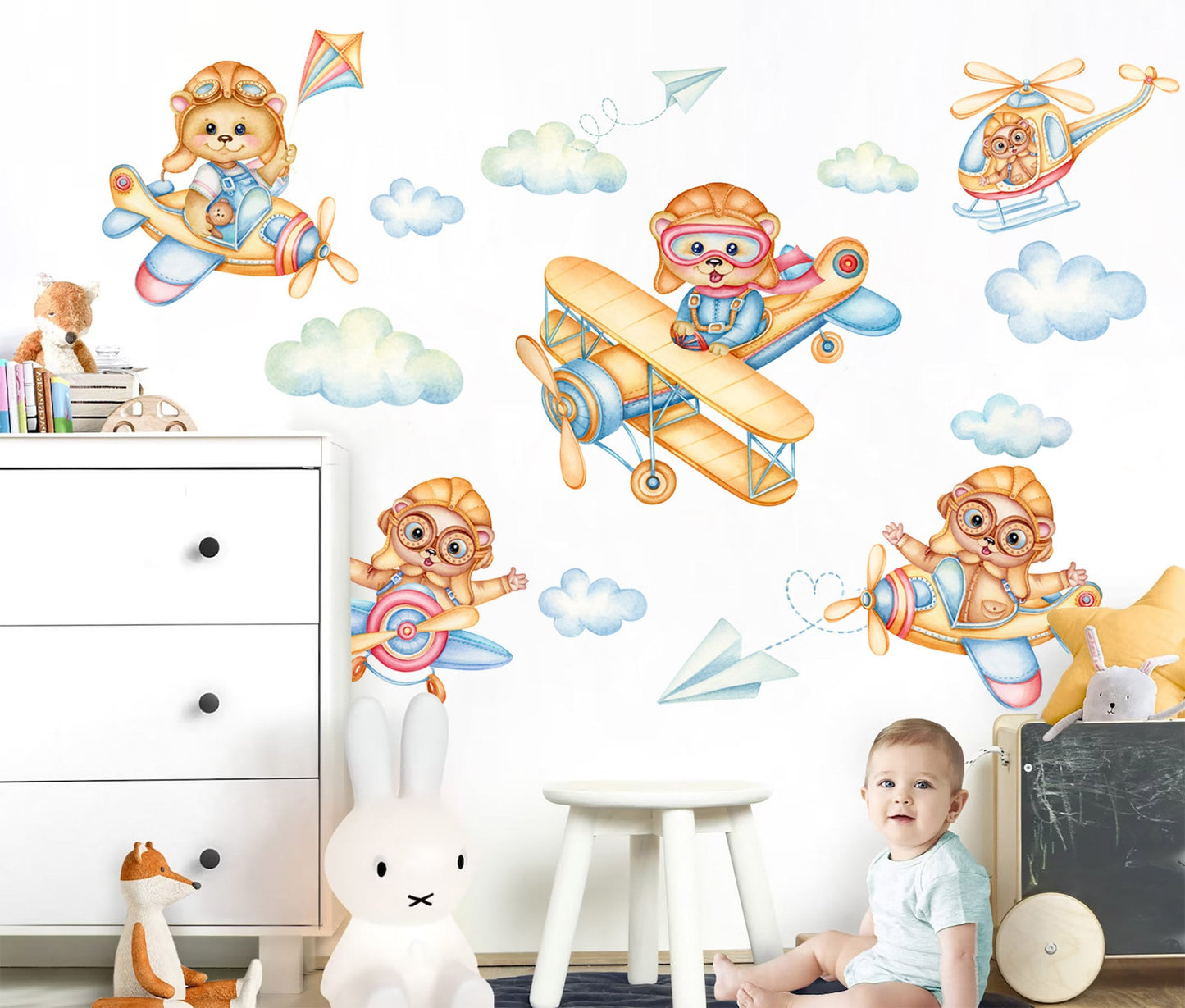 Flying Squirrels in Aviator Helmets Sky Adventure Wall Decal - Airplane Helicopter Sky World - BR391