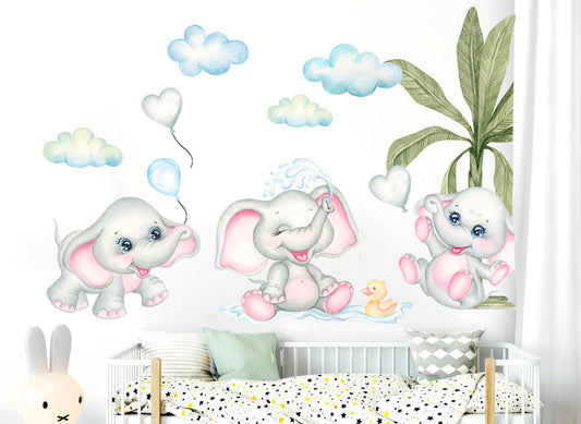 Baby Elephants Playing with Balloons and Water under Coconut Tree Removable Nursery Wall Decal - BR393