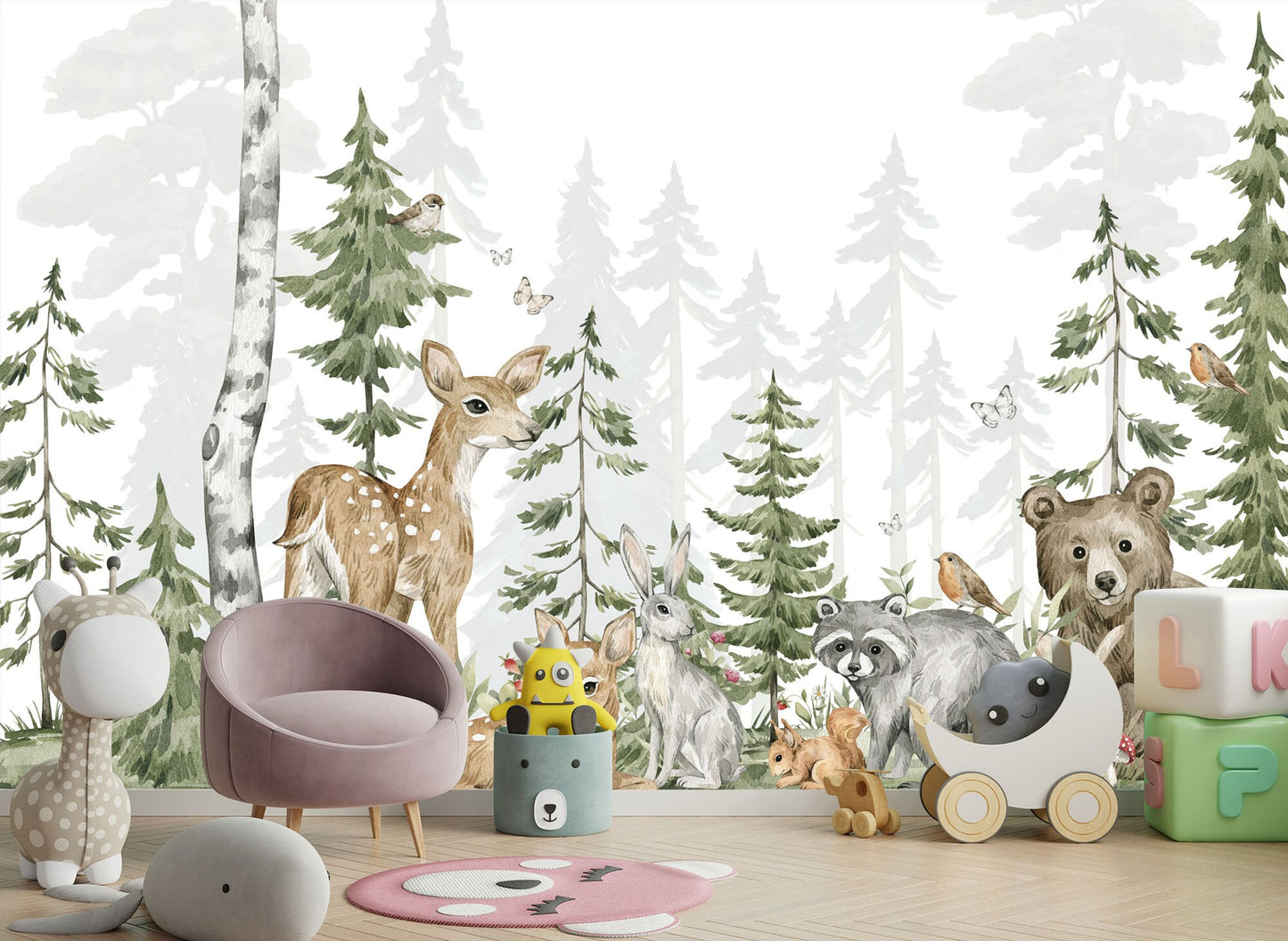 Woodland Animals Nursery Wallpaper - Bear Deer Rabbit Fox Trees and Mountains - WM026