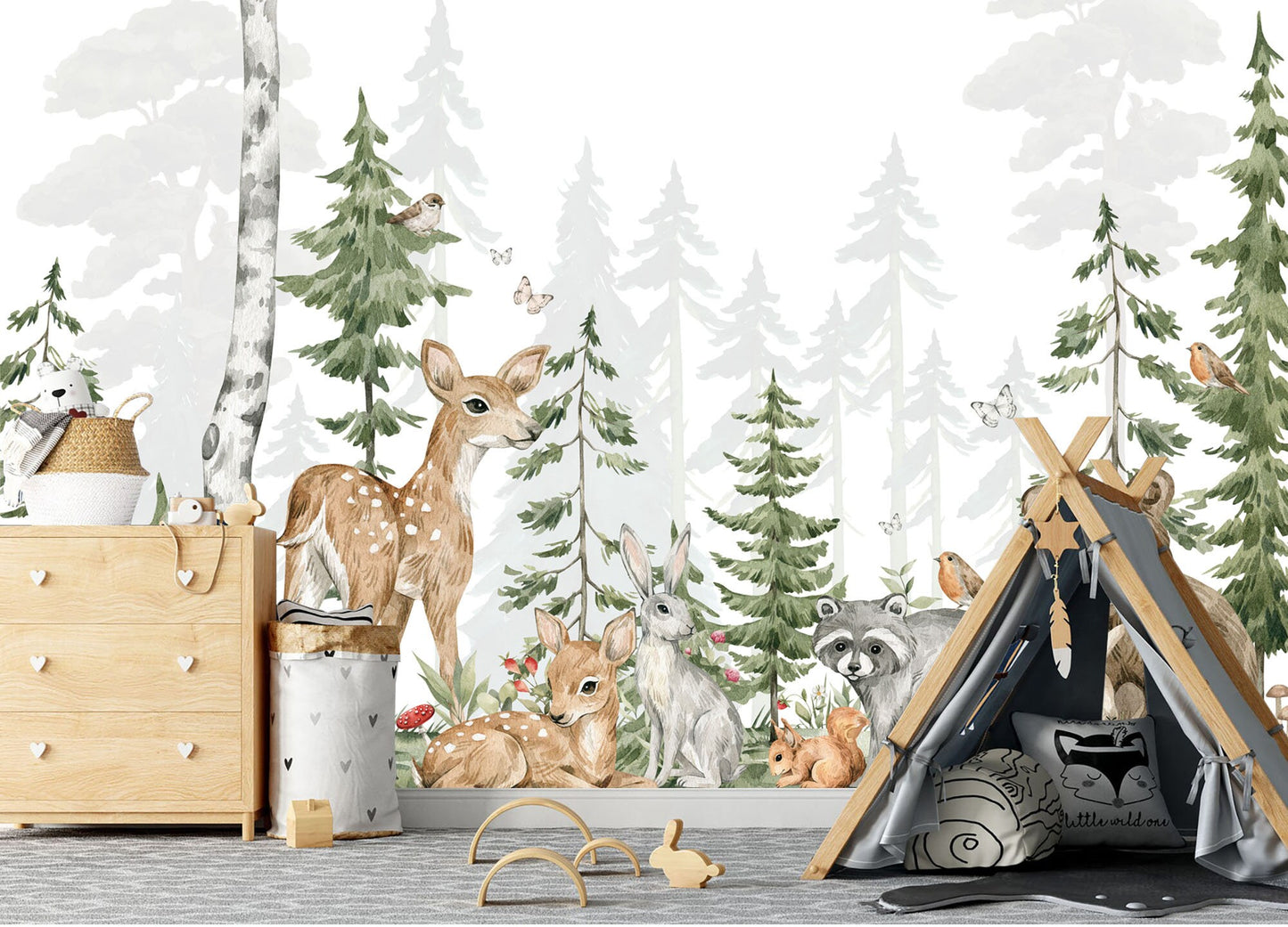 Woodland Animals Nursery Wallpaper - Bear Deer Rabbit Fox Trees and Mountains - WM026