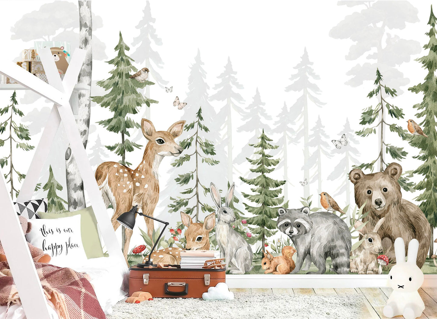 Woodland Animals Nursery Wallpaper - Bear Deer Rabbit Fox Trees and Mountains - WM026