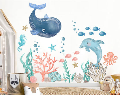 Deep Blue Whale Light Blue Dolphin Cartoon Wall Decal - Playful Underwater Scene - BR411