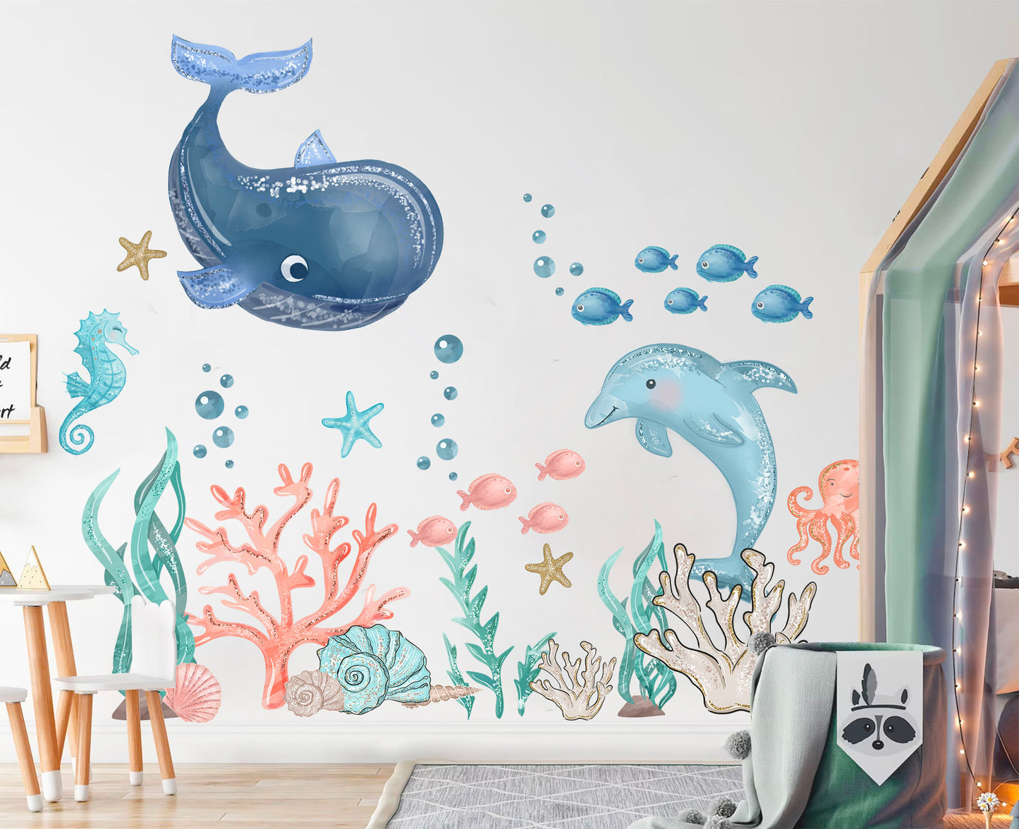 Deep Blue Whale Light Blue Dolphin Cartoon Wall Decal - Playful Underwater Scene - BR411