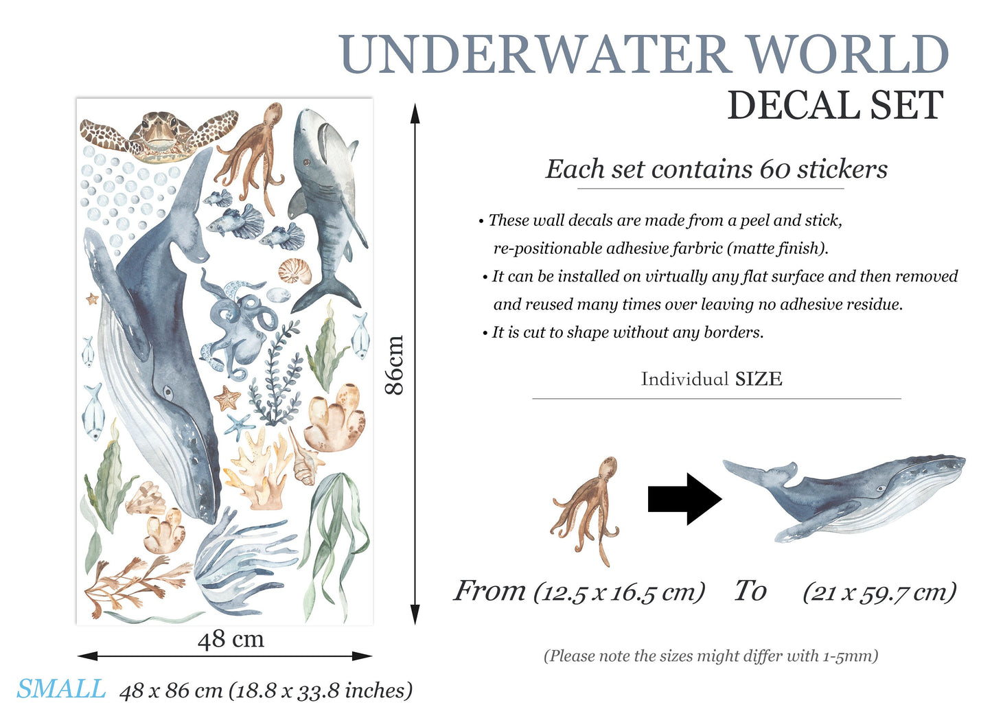 Underwater Adventure with Whale, Shark, Octopus, and Turtle Wall Decal - Removable Peel and Stick - BR410