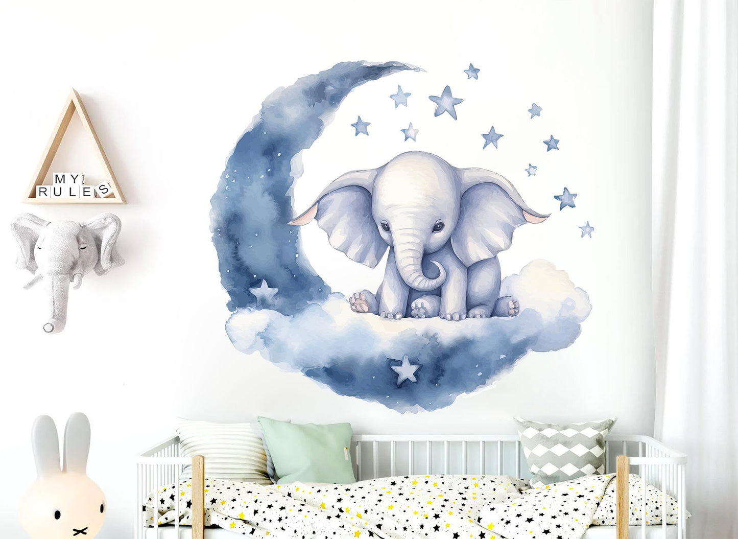 Adorable Baby Elephant Moon and Stars Wall Decal - African Animal Nursery Decor -BR419