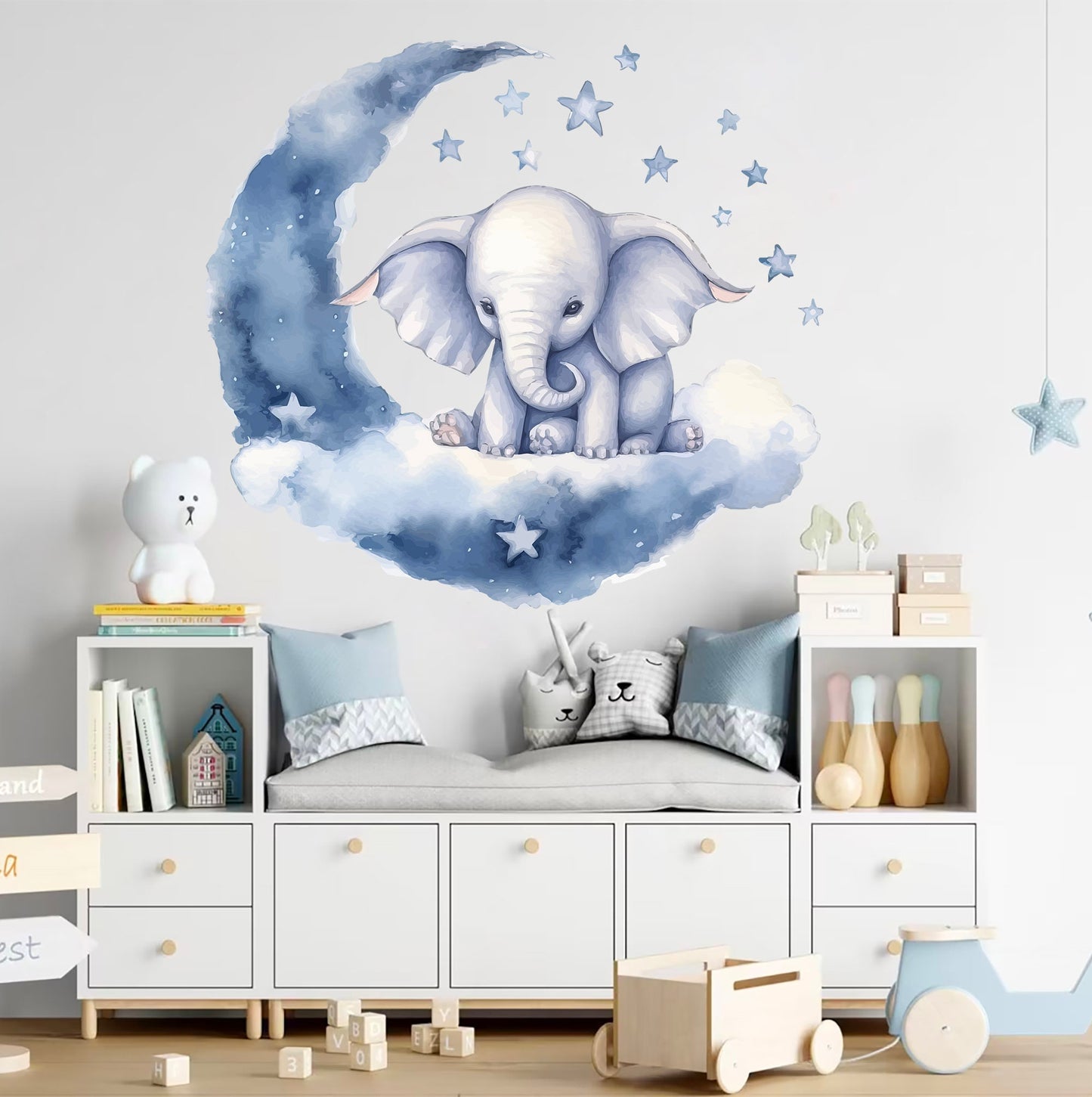 Adorable Baby Elephant Moon and Stars Wall Decal - African Animal Nursery Decor -BR419