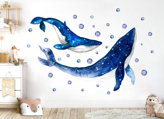 Whale Mom and Baby in Blue Bubbles Wall Decal - Removable Peel and Stick - BR413