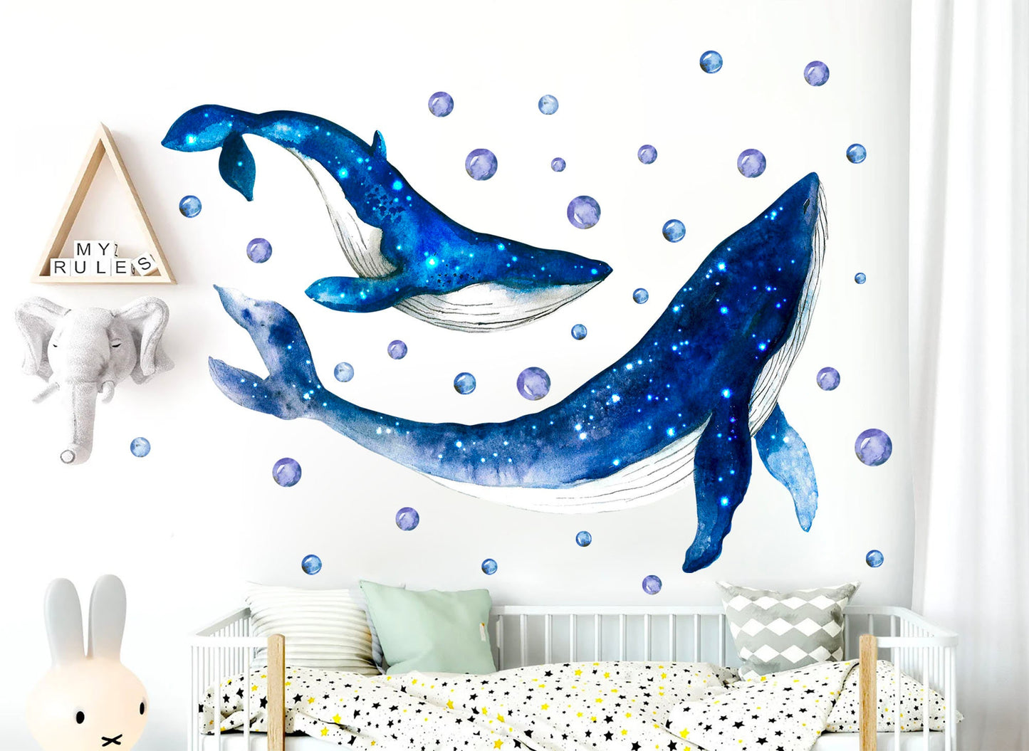 Whale Mom and Baby in Blue Bubbles Wall Decal - Removable Peel and Stick - BR413