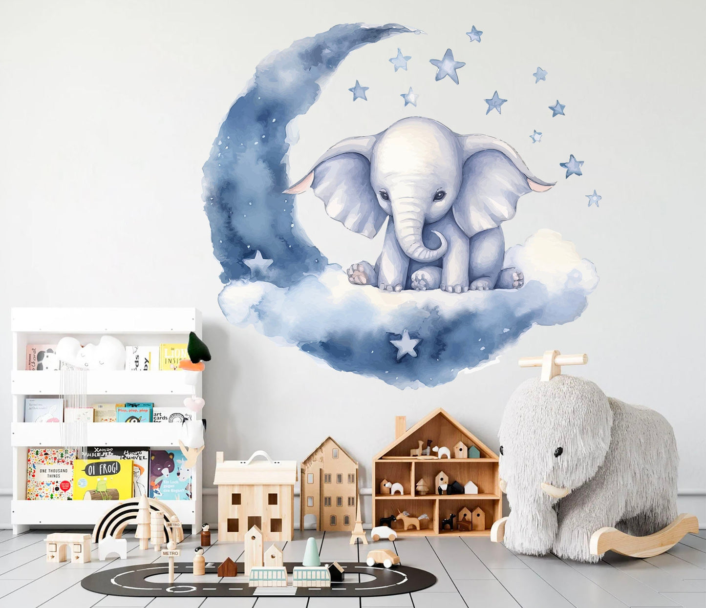 Adorable Baby Elephant Moon and Stars Wall Decal - African Animal Nursery Decor -BR419