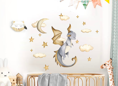 Enchanted Fairytale Dragon Moonlit Sky Wall Decal - Removable Peel And Stick - BR425