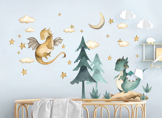 Baby Dragon Resting Under Stars Moon Trees Wall Decal - Removable Peel and Stick - BR426