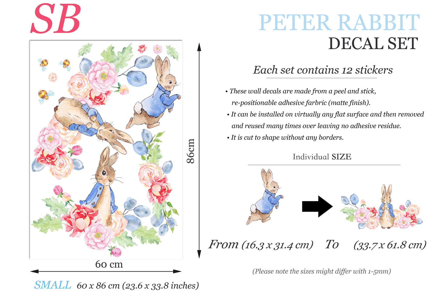 Peter Rabbit Family: Cartoon Wall Decal in a Floral Wonderland - BR421