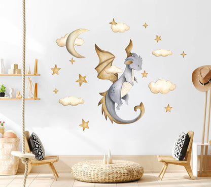 Enchanted Fairytale Dragon Moonlit Sky Wall Decal - Removable Peel And Stick - BR425