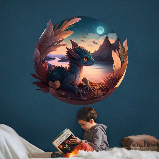 Night Sky Baby Dragon Watch the Moon Wall Decal - Removable Peel and Stick - BR438