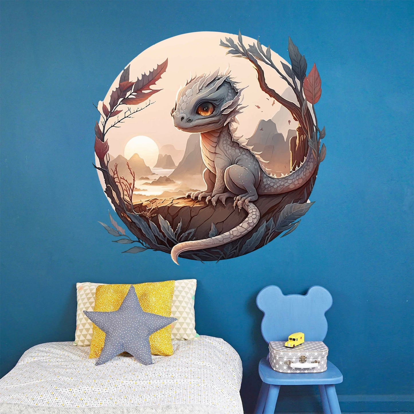 Baby Dragon Sunset Perch Round Cut Wall Decal - Removable Peel and Stick - BR439