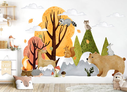 Autumn Forest Baby Animlas Wall Decal - bear deer squirrel Mountain - BR432