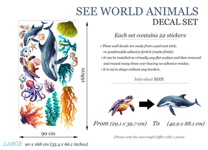 Enchanting Ocean Life Cartoon Wall Decal - Whale Ray Turtle Octopus Corals Seaweed - Perfect for Kids Room Decor - BR441