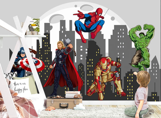 Avengers Superhero Cityscape Nursery Fabric Wallpaper - Spiderman Iron Man Hulk - Boys Room Murals - WM027