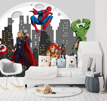 Avengers Superhero Cityscape Nursery Fabric Wallpaper - Spiderman Iron Man Hulk - Boys Room Murals - WM027